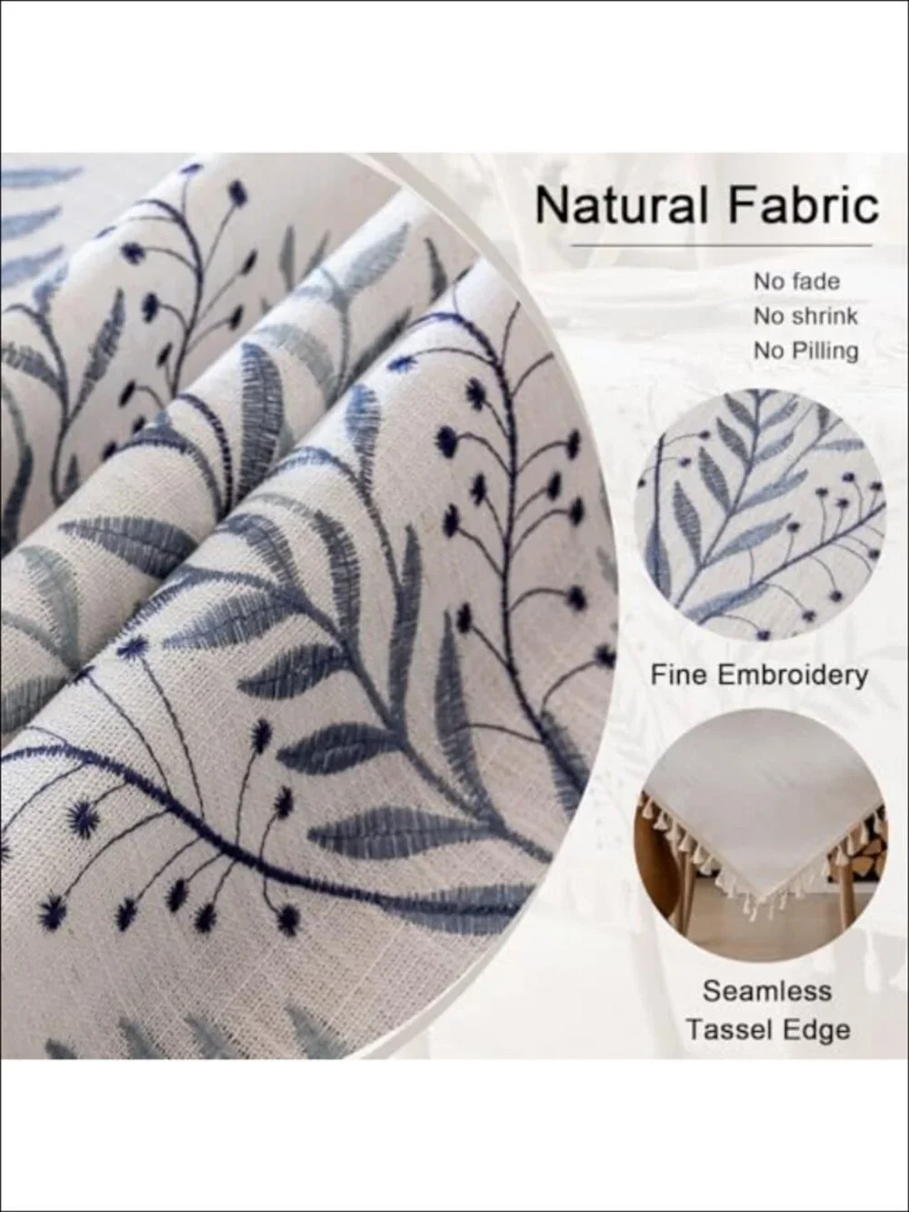 Waterproof Linen Blend Tablecloth Fern Embroidery Rectangle Tassels